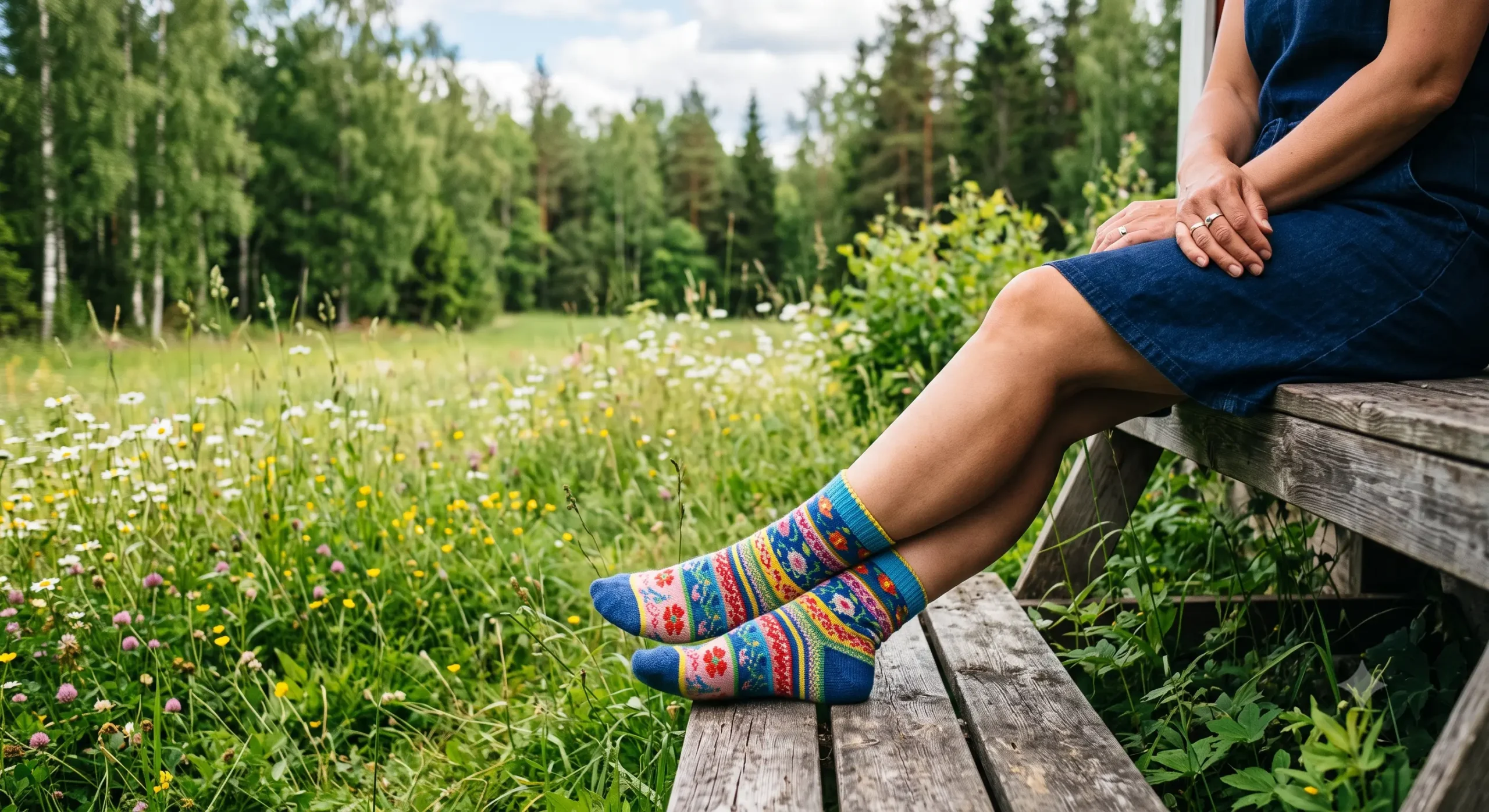 Mönstrade strumpor på en träbänk i sommargrönska, bild av hållbar föreningsförsäljning